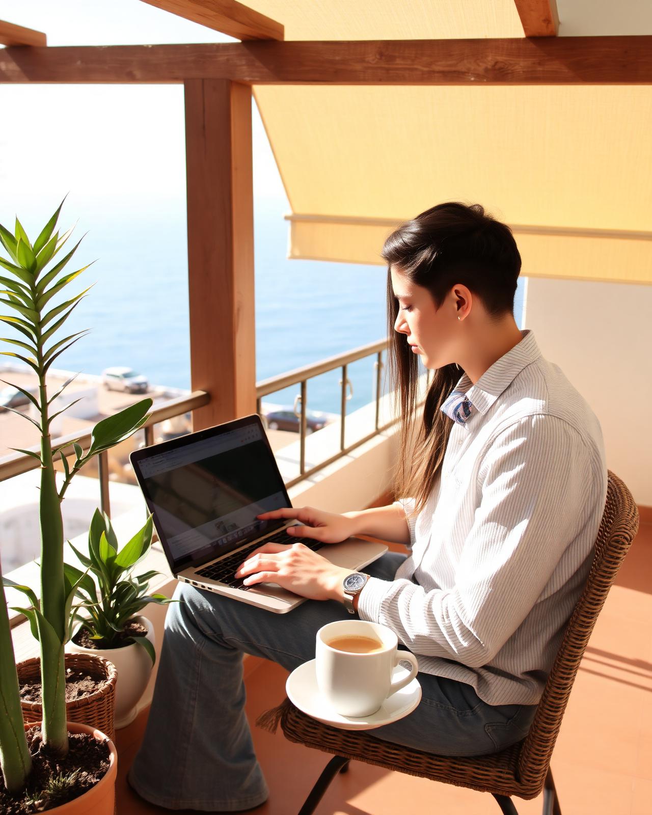 Digital nomad working remotely from a Spanish terrace
